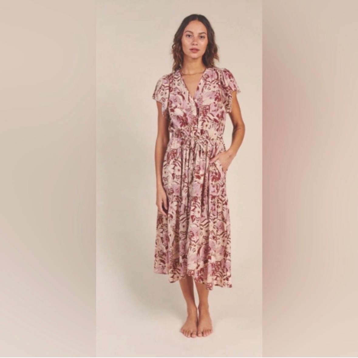 Birds Of Paradis By Trovata Kristi Midi Dress In Canela Palm Floral Flutter Xs